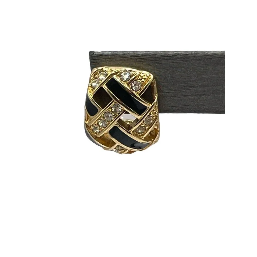 Pierced Earrings-Authentic‎ Swan Stamped Swarovski-Gold/Black-Rhinestone Weave